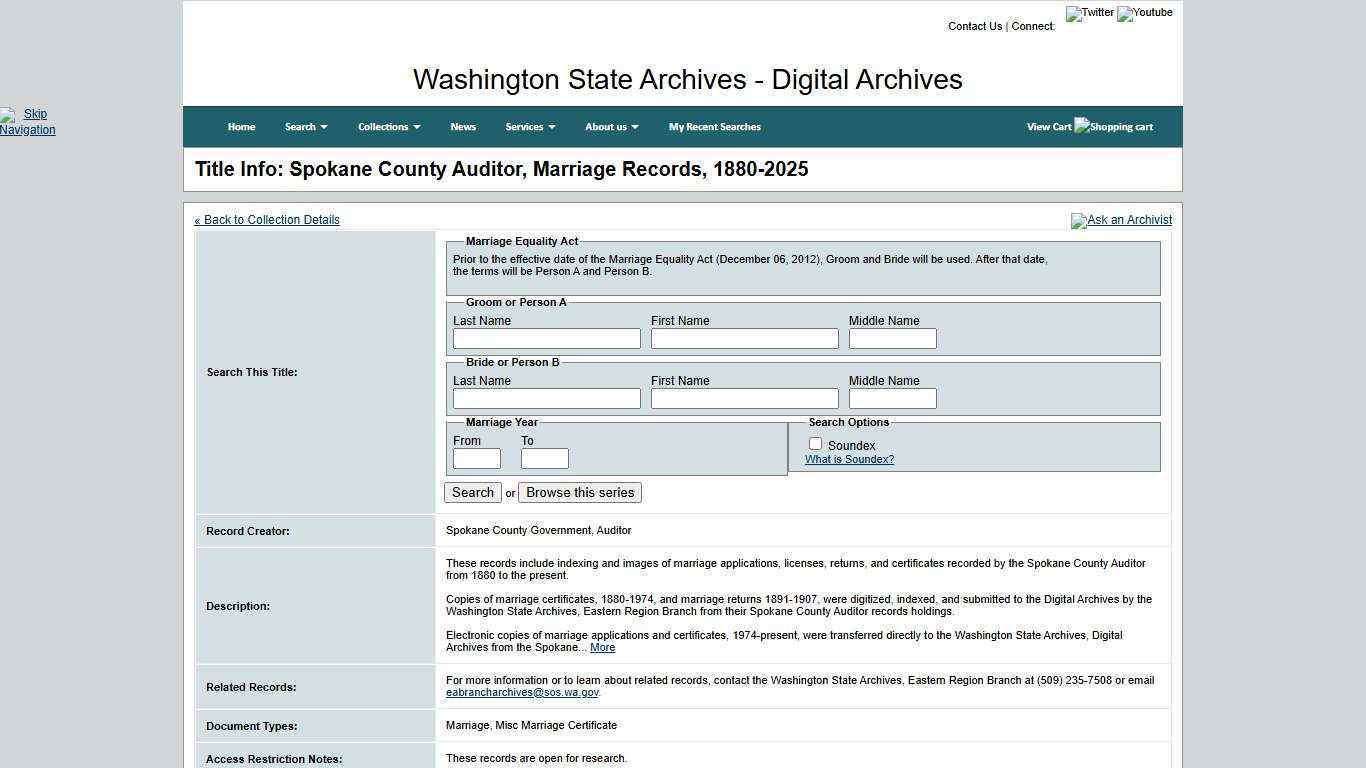 Washington State Archives, Digital Archives - Title Info: Spokane County Auditor, Marriage Records, 1880-2025