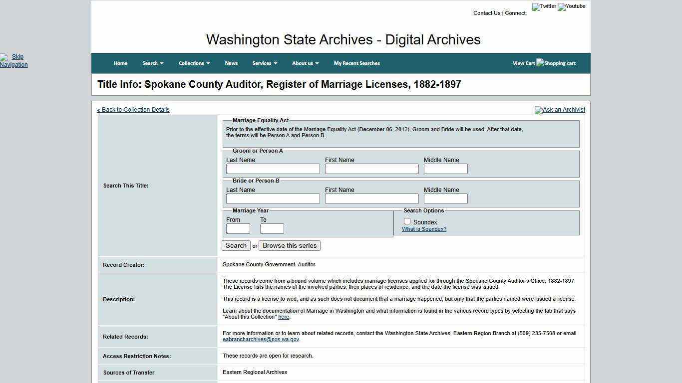 Washington State Archives, Digital Archives - Title Info: Spokane County Auditor, Register of Marriage Licenses, 1882-1897